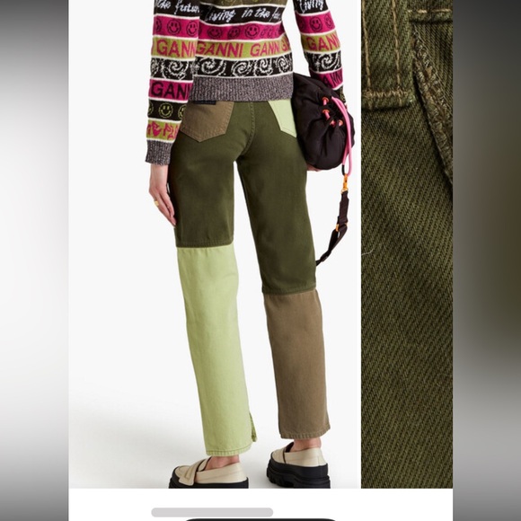 Ganni Colorblock Straight Leg Jeans in Olive, Lime & Brown - Picture 3 of 6